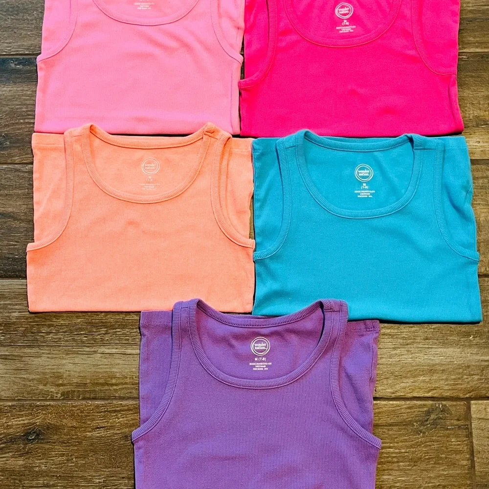 6 Pcs Bundle Justice Denim Hoodie Jacket and 5 Colorful Tank Tops Girls Size 8